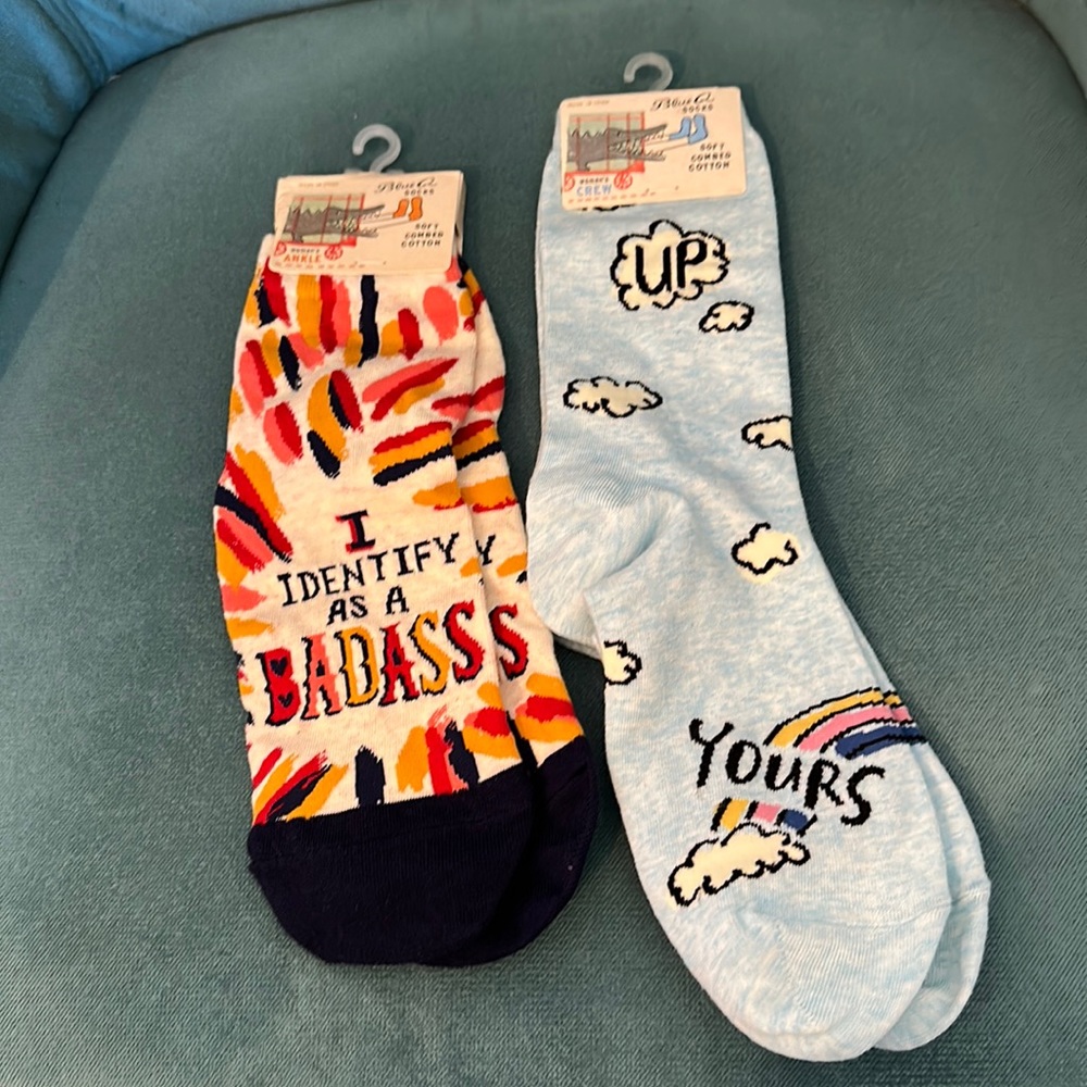 2 Pair Blue Q Women’s Socks: Up Yours and I Identify As A Badass Size 5-10 NWT